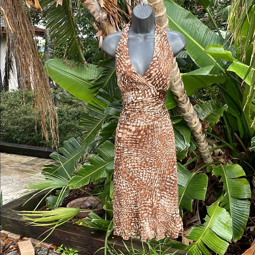 Snake print fit and flare halter dress